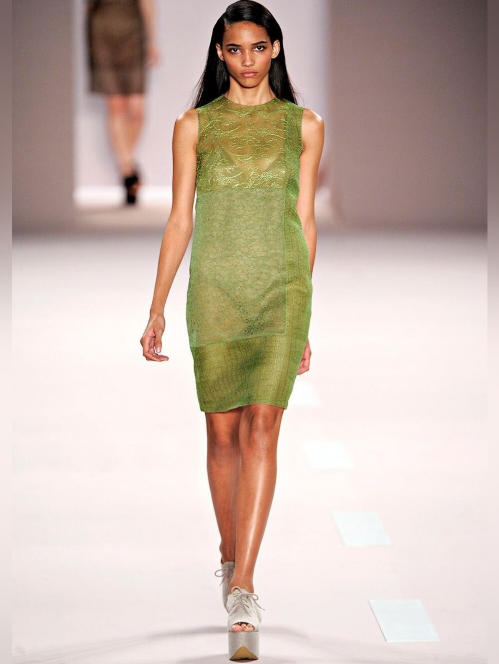 AKRIS Green Lace Eyelet Embroidered Sleeveless Sheath Dress Light Semi Sheer 6